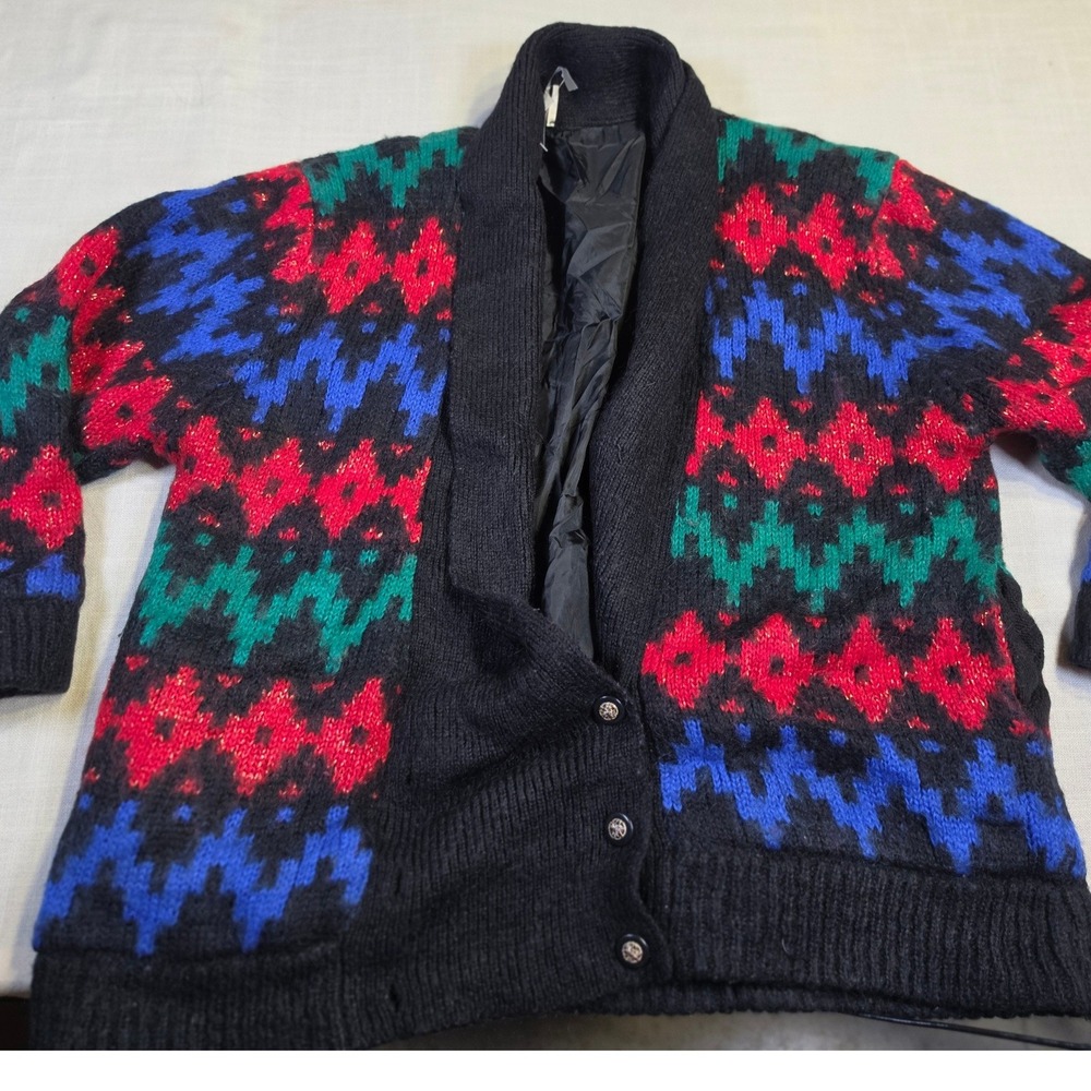 Anne Klein Shawl Collar Cardigan Sweater Geometric Knit Black Red Blue Green M